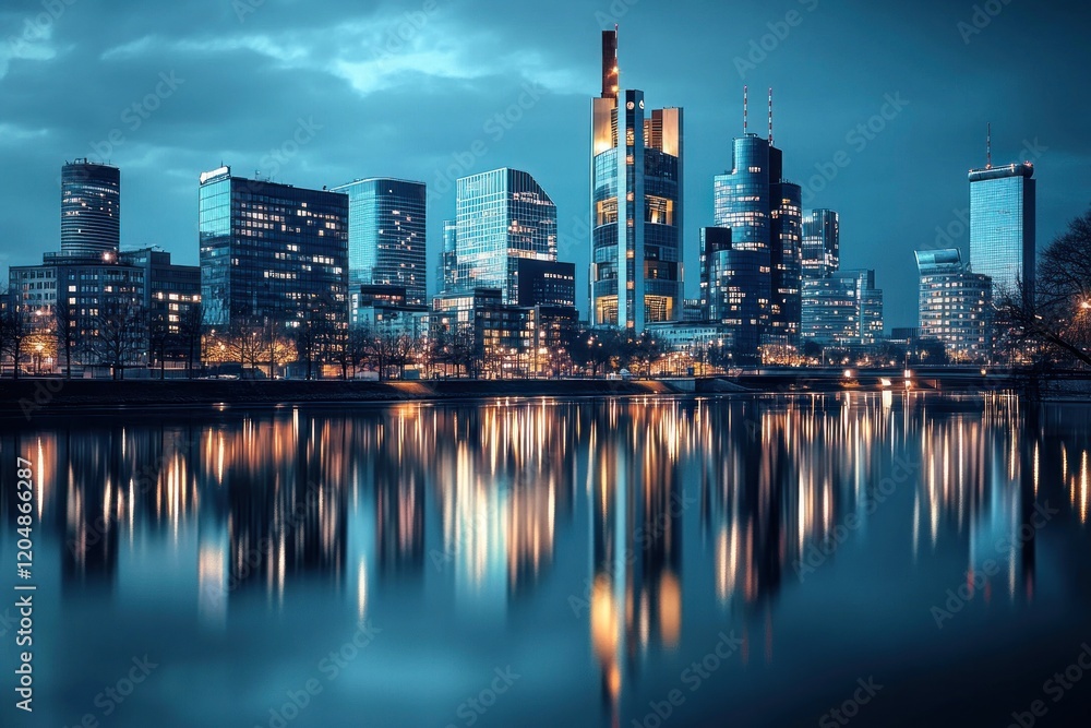 Naklejka premium Night Skyline Reflection: Frankfurt's Modern Metropolis