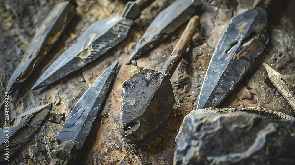 Close-up of ancient stone tools on a textured wooden surface, illuminated by soft natural light, highlighting intricate details and craftsmanship. Historical and cultural significance of primitive art Close-up of ancient stone tools on a textured wooden surface, illuminated by soft natural light, highlighting intricate details and craftsmanship. Historical and cultural significance of primitive art