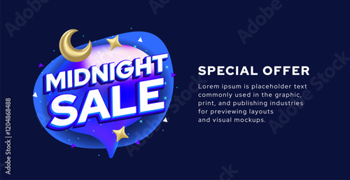 Midnight sale 3d text promotion banner template with blue abstract background.