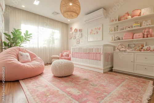 White nursery room with pink rug, white crib, baby rockers, bookcase with hexagon-shaped shelves, and pink bean bag chair.