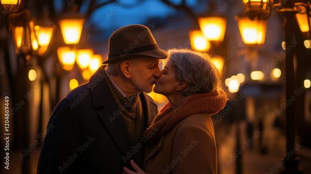 Romantic Evening Kiss Under Lanterns in a Charming Street Scene Romantic Evening Kiss Under Lanterns in a Charming Street Scene