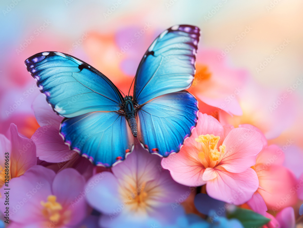 Vibrant Blue Butterfly Sitting on Colorful Blooms of Flowers in a Soft Light Background Vibrant Blue Butterfly Sitting on Colorful Blooms of Flowers in a Soft Light Background