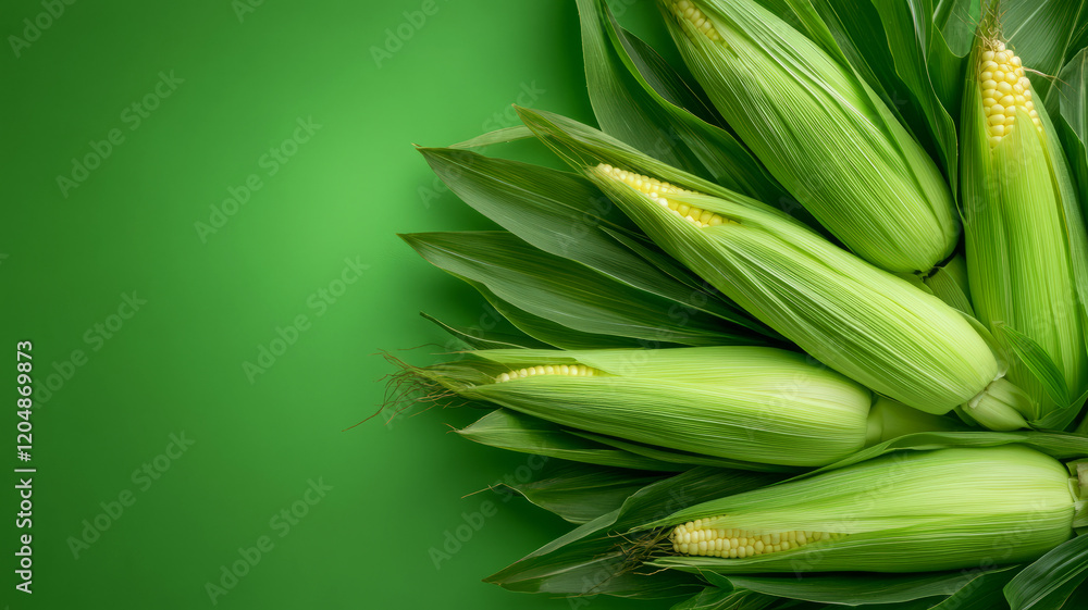 Fresh Corn Cobs Arranged on Dark Green Background with Lush Green Leaves Surrounding Them Fresh Corn Cobs Arranged on Dark Green Background with Lush Green Leaves Surrounding Them