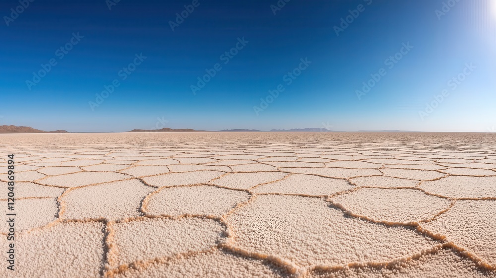 Fototapeta premium No people scenery focus concept. Expansive salt flats beneath a clear blue sky, showcasing unique cracked patterns and a serene landscape.