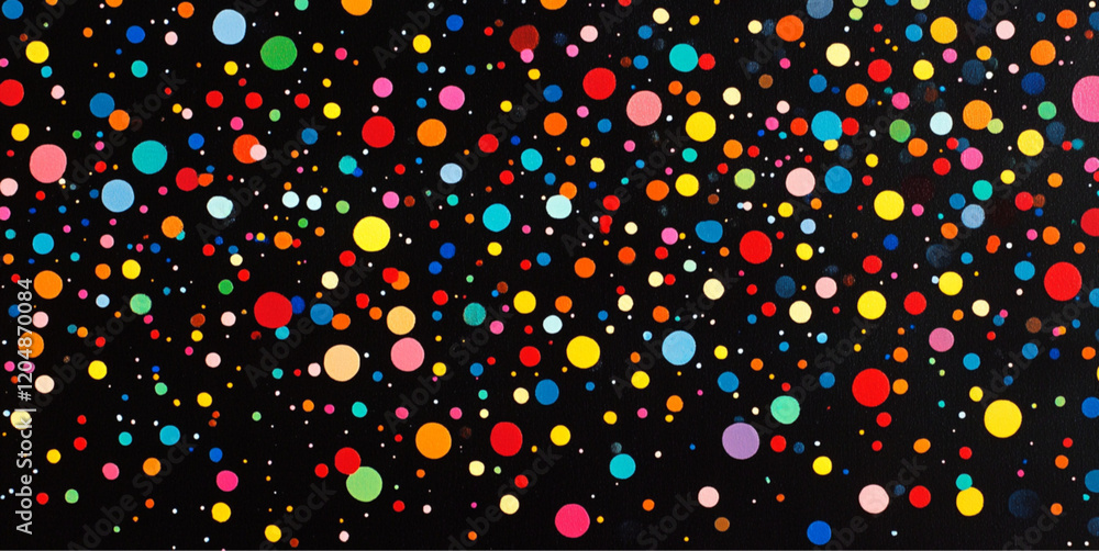 hundreds of colourful dots against a black background, vintage 1960s minimal style illustration hundreds of colourful dots against a black background, vintage 1960s minimal style illustration