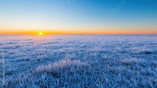 No people scenery focus concept. Frost-covered fields under a vibrant sunrise, showcasing a serene winter landscape with a clear sky.