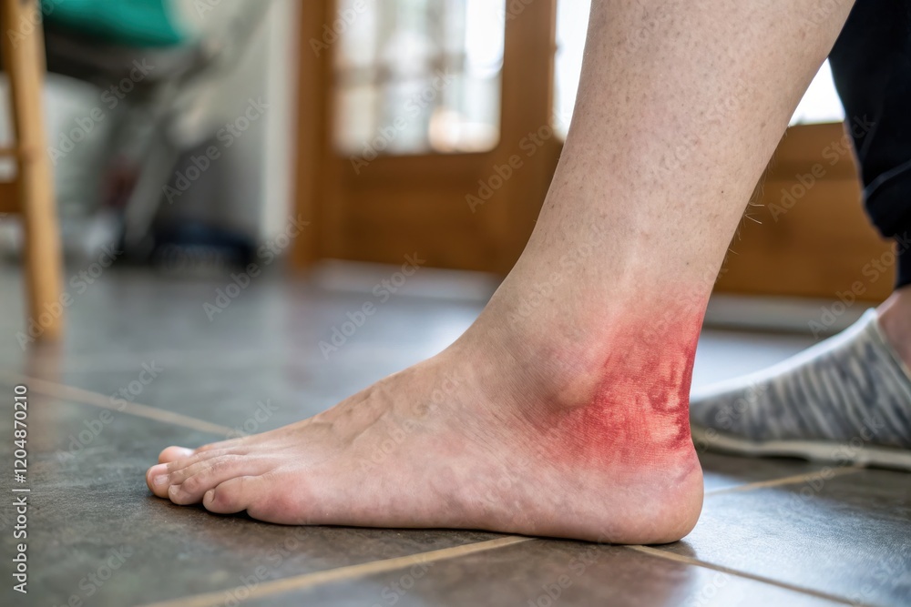 Close-Up of an Irritated Ankle with Redness in Indoor Setting Close-Up of an Irritated Ankle with Redness in Indoor Setting