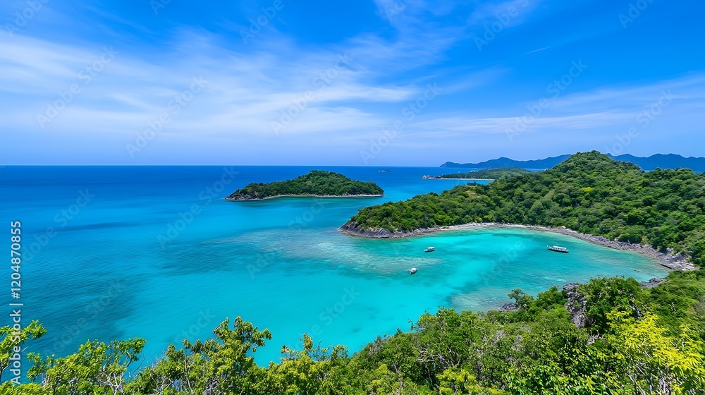 Tropical island paradise, turquoise water, lush greenery Tropical island paradise, turquoise water, lush greenery