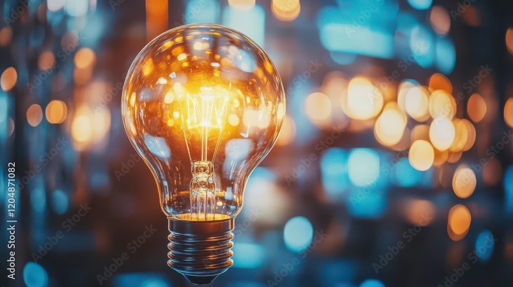 A glowing light bulb hangs against a blurred blue background, showcasing warm light and creating a modern, atmospheric ambiance. A glowing light bulb hangs against a blurred blue background, showcasing warm light and creating a modern, atmospheric ambiance.