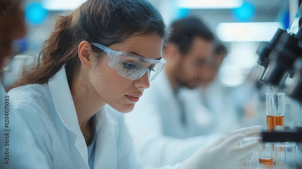 A focused scientist in a lab coat examines samples under a microscope, showcasing dedication to research and scientific discovery. A focused scientist in a lab coat examines samples under a microscope, showcasing dedication to research and scientific discovery.