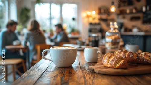 A cozy cafe scene with fresh pastries and coffee on a wooden table, capturing a warm ambiance and people enjoying their time.