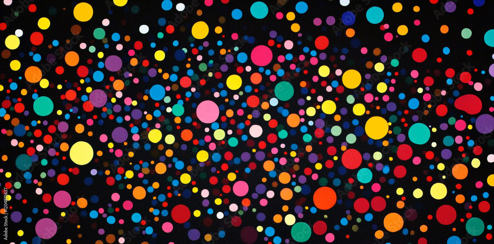 hundreds of colourful dots against a black background, vintage 1960s minimal style illustration hundreds of colourful dots against a black background, vintage 1960s minimal style illustration
