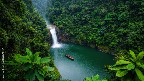 Fototapeta Naklejka Na Ścianę i Meble -  No people scenery focus concept. Lush green rainforest surrounds a tranquil waterfall and serene river, with a small boat gently floating on the water.