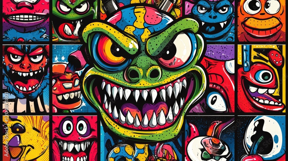 Colorful Cartoon Monsters with Unique Expressions in a Fun and Vibrant Collage Colorful Cartoon Monsters with Unique Expressions in a Fun and Vibrant Collage