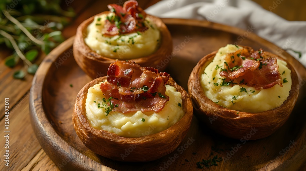 Yorkshire puddings with mashed potatoes, crispy bacon, and herbs on a wooden plate. 