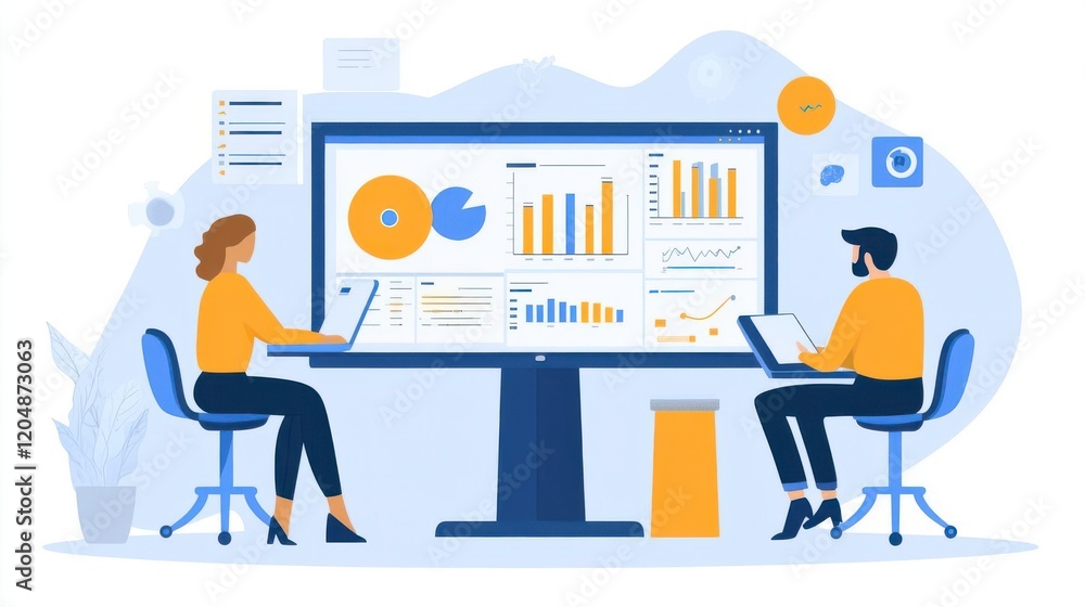 A vibrant illustration of two professionals analyzing data on a large screen, with charts and graphs, representing teamwork and analytics in a modern work setting. A vibrant illustration of two professionals analyzing data on a large screen, with charts and graphs, representing teamwork and analytics in a modern work setting.