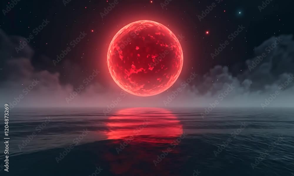 red moon above clouds and water