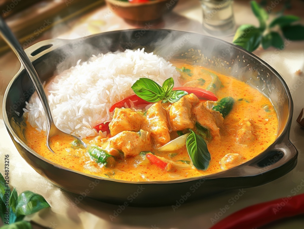 Traditional Thai curry with rice and vegetables. Featuring a rich and aromatic dish. Highlighting the texture and flavors of the curry and rice. Ideal for food and cultural themes. Traditional Thai curry with rice and vegetables. Featuring a rich and aromatic dish. Highlighting the texture and flavors of the curry and rice. Ideal for food and cultural themes.