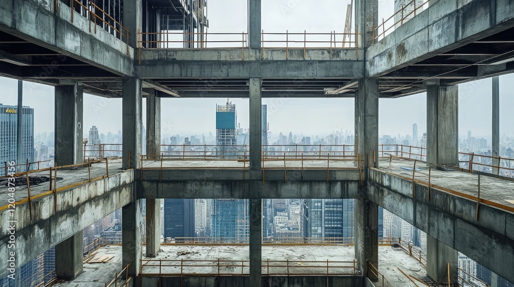 Obraz premium An unfinished apartment building with exposed concrete floors and metal railings.