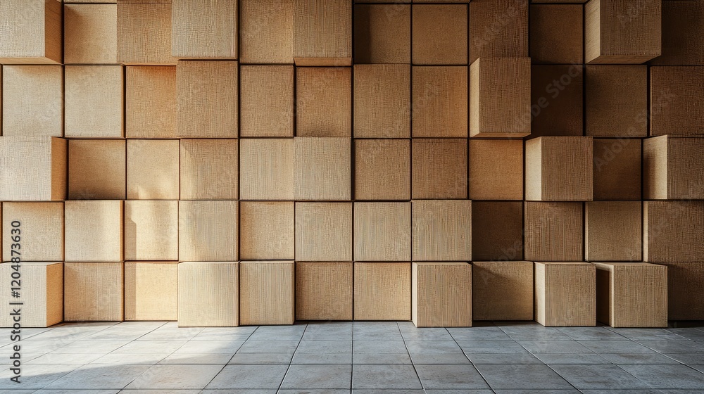 A background of cardboard boxes stacked symmetrically against a warehouse wall. A background of cardboard boxes stacked symmetrically against a warehouse wall.