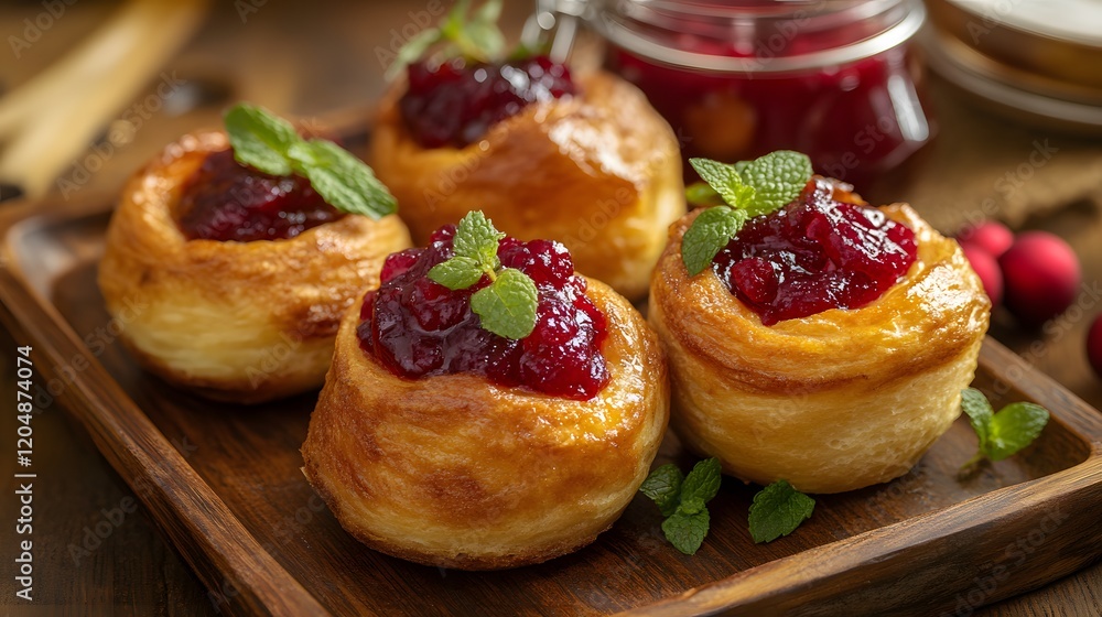 Yorkshire puddings with cranberry sauce and mint leaves on a wooden tray. Yorkshire puddings with cranberry sauce and mint leaves on a wooden tray.