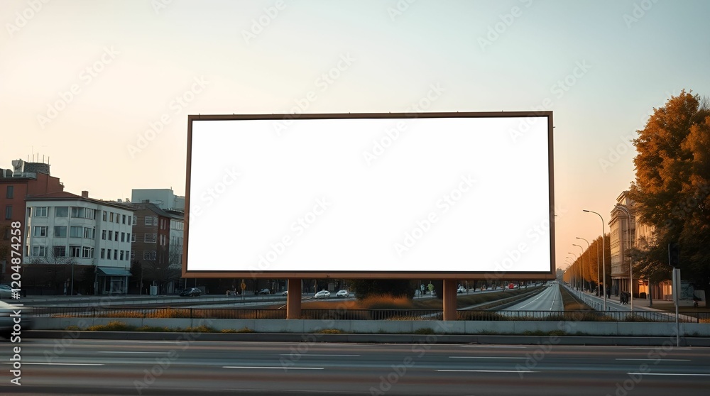 Obraz premium Cast bronze surface wallpaper depicting a blank white billboard beside a road in an urban area. Warm golden hour light, soft light, antique patina finish