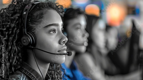 Technical Support Dream Team: Diverse Group of Experts Wearing Headsets, Hard at Work in Call Center Environment photo