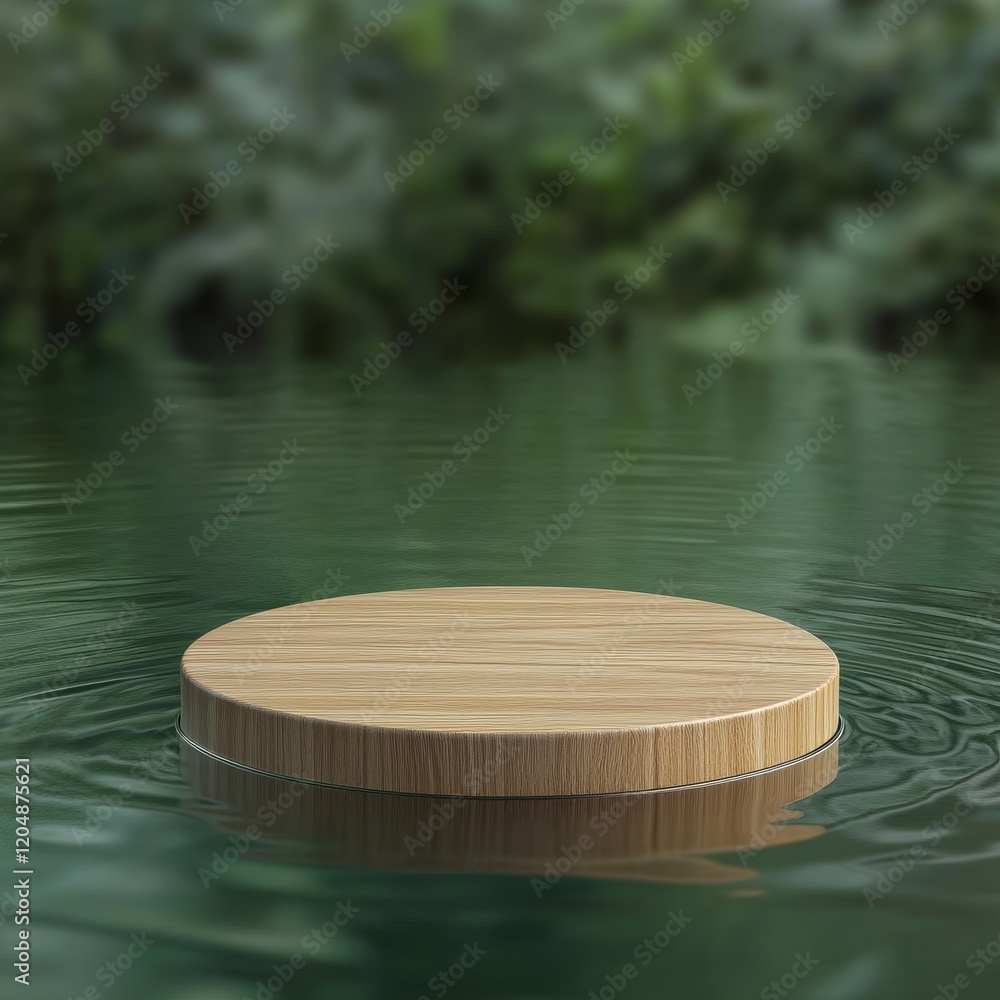 Wooden platform in the water with green background. 3d render Wooden platform in the water with green background. 3d render