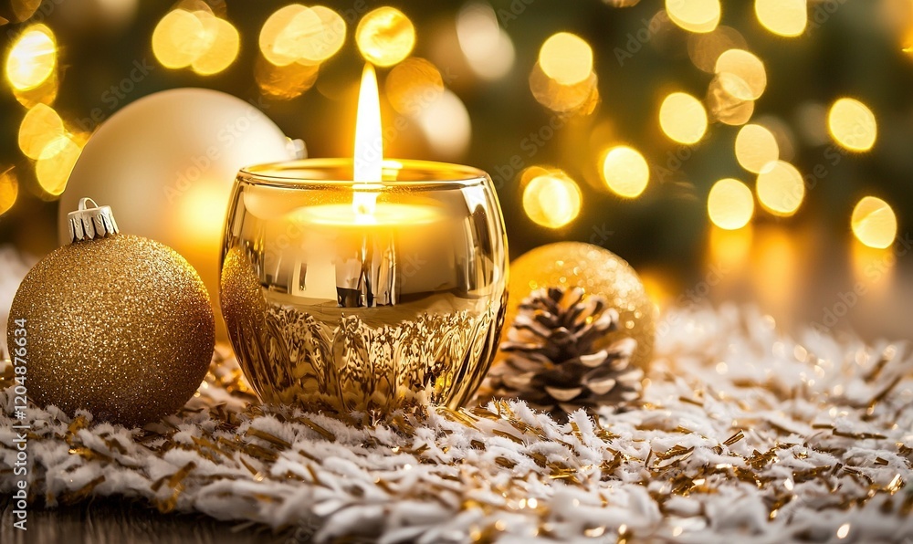 Glowing candle, gold ornaments, pine cone on white fluff, bokeh lights background. Holiday decor Glowing candle, gold ornaments, pine cone on white fluff, bokeh lights background. Holiday decor