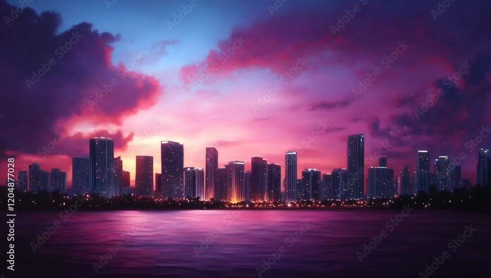 Vibrant sunset over coastal city skyline. Use travel, cityscape background Vibrant sunset over coastal city skyline. Use travel, cityscape background