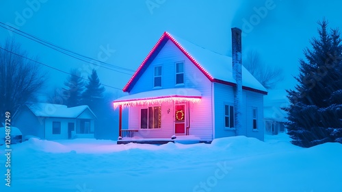 Cozy winter house with neon lights