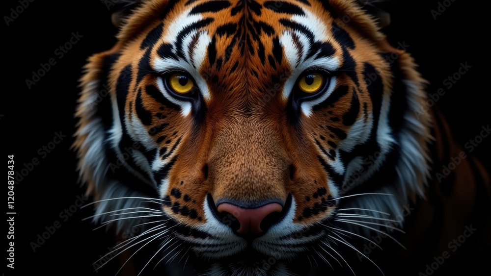 Naklejka premium Majestic tiger with piercing yellow eyes; its orange-black-white fur contrasts against a rich brown snout. Delicate white whiskers frame the captivating visage