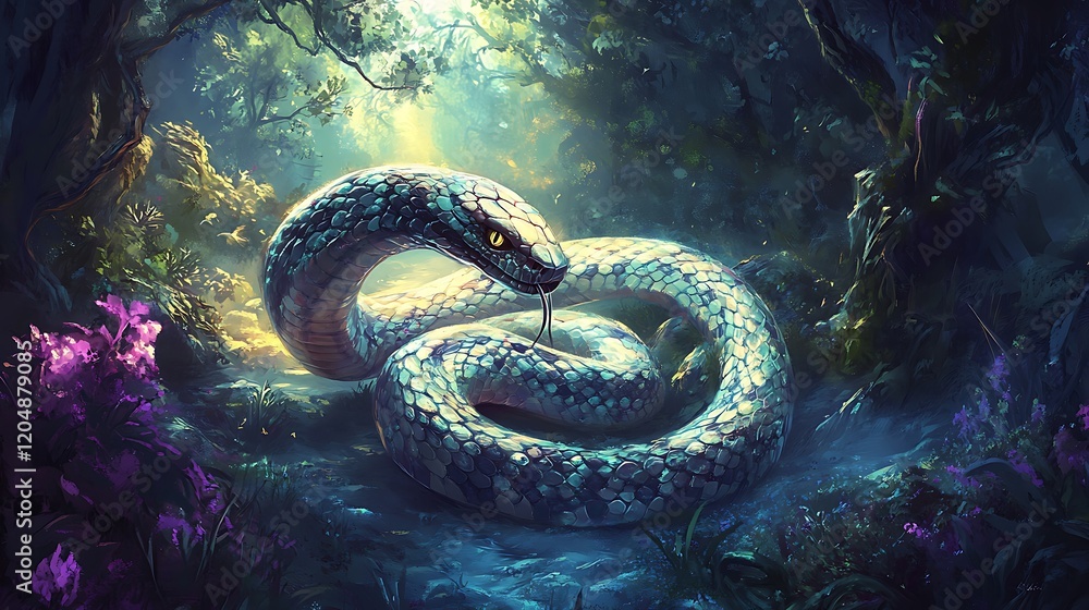 A mystical snake spirit animal coiled in a luminous landscape A mystical snake spirit animal coiled in a luminous landscape
