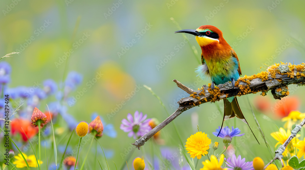 Fototapeta premium Tranquil Bee-Eater: Vibrant Green, Yellow, and Blue Feathers in a Natural Setting