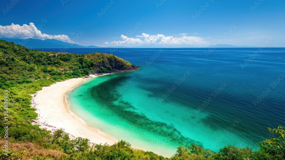 No people scenery focus concept. Serene tropical beach with turquoise waters, lush greenery, and a clear blue sky, perfect for relaxation and escape. No people scenery focus concept. Serene tropical beach with turquoise waters, lush greenery, and a clear blue sky, perfect for relaxation and escape.