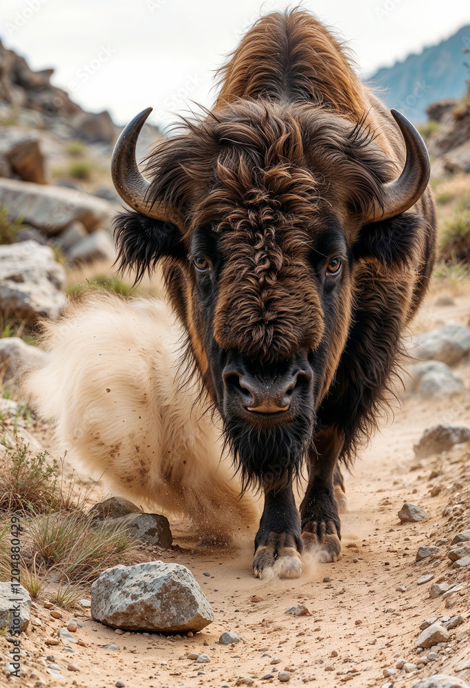 Powerful bison charging on a dusty trail with rocks, showcasing strength and determination
Powerful bison charging on a dusty trail with rocks, showcasing strength and determination