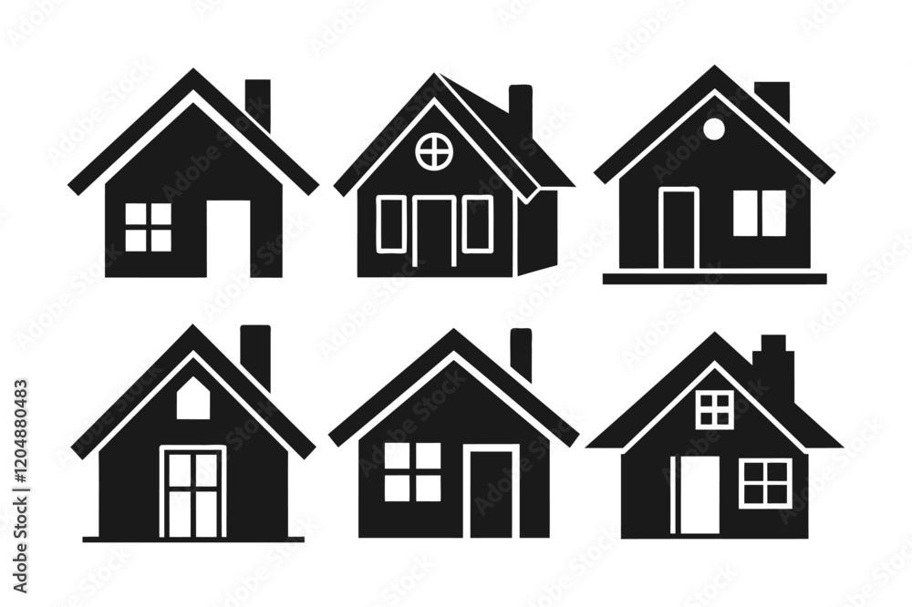 Simple Black Silhouette Houses Icon Set for Design Simple Black Silhouette Houses Icon Set for Design