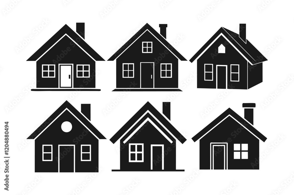 Simple Black Silhouette Houses Icon Set for Design