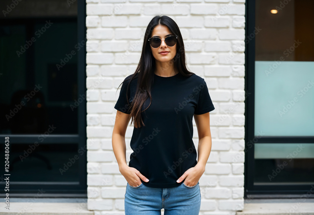Young woman in black casual t-shirt, sunglasses, front view mockup template for t-shirt design mockup print. Young woman in black casual t-shirt, sunglasses, front view mockup template for t-shirt design mockup print.