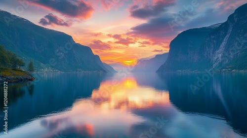 Serene Sunset Landscape with Mountains and Reflection photo