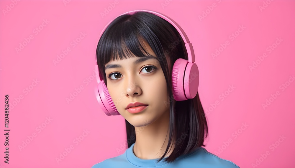 Energetic and Stylish: Young Woman in Oversized Headphones Immersed in Music Against a Pink Background Energetic and Stylish: Young Woman in Oversized Headphones Immersed in Music Against a Pink Background