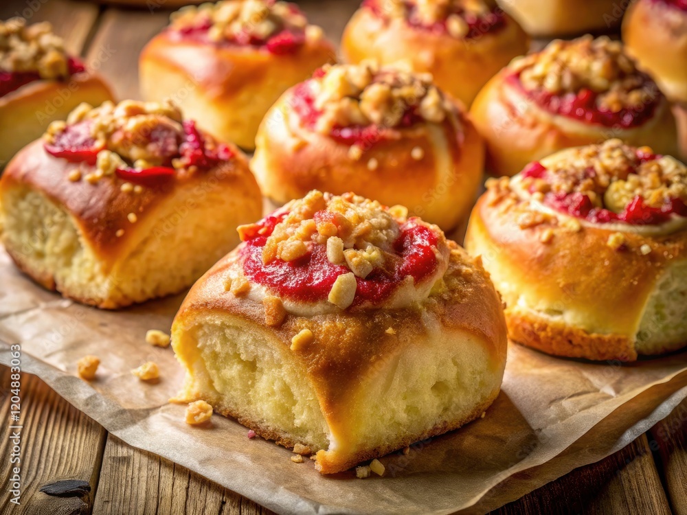 Irresistible rhubarb crumble sweet rolls: a close-up of homemade pastry perfection. Irresistible rhubarb crumble sweet rolls: a close-up of homemade pastry perfection.