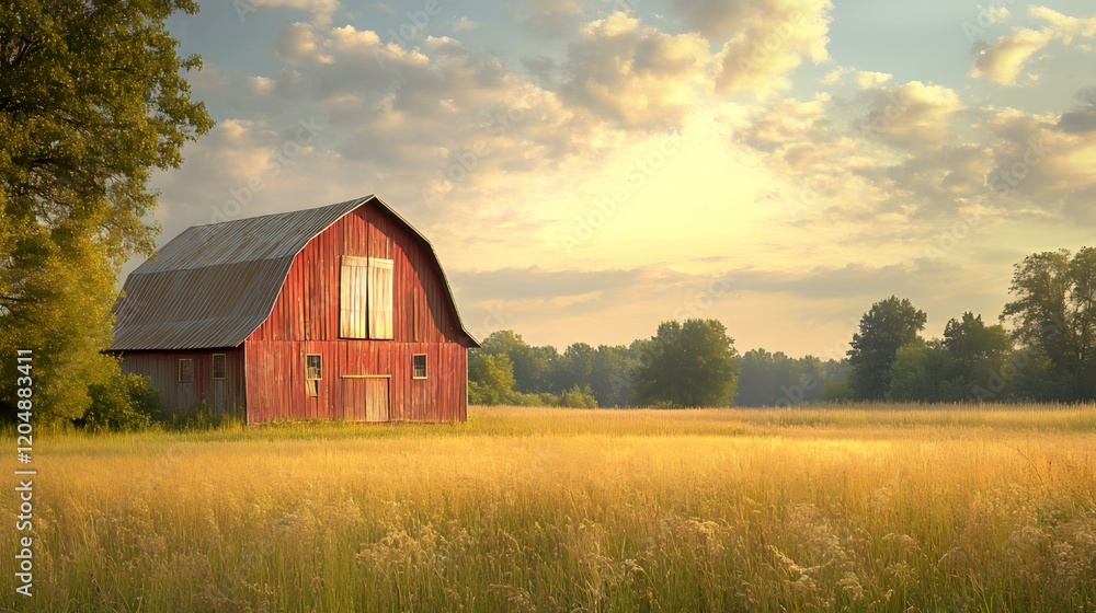 Fototapeta premium Red Barn in a Golden Field