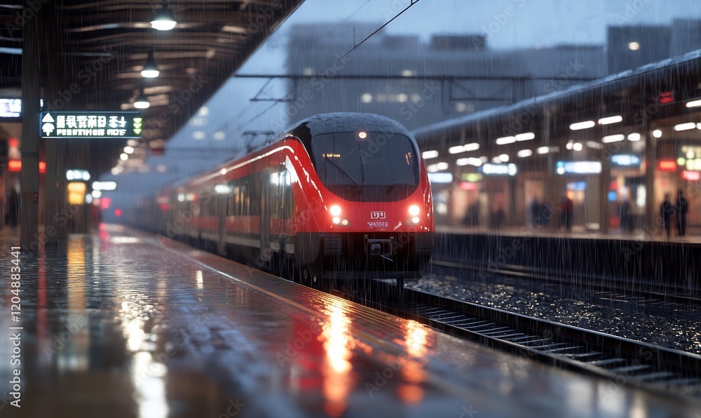 Red train arriving at rain-soaked station Red train arriving at rain-soaked station
