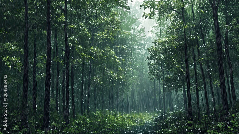 Fototapeta premium Rain falls on a lush green forest path