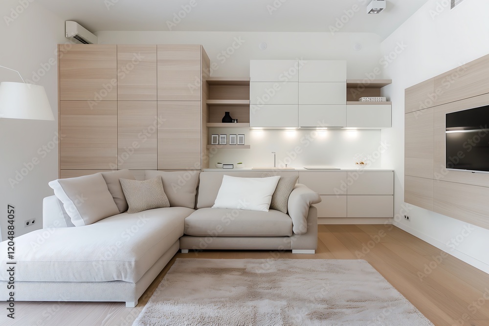 Fototapeta premium A cozy studio apartment with a foldable bed, compact kitchenette, and a stylish modular sofa in neutral tones, maximizing every inch of space. interior design 