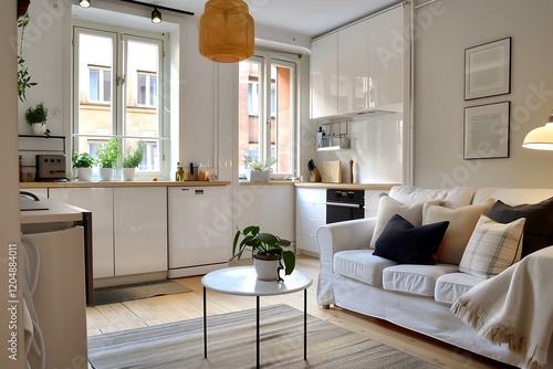 A cozy studio apartment with a foldable bed, compact kitchenette, and a stylish modular sofa in neutral tones, maximizing every inch of space. interior design 