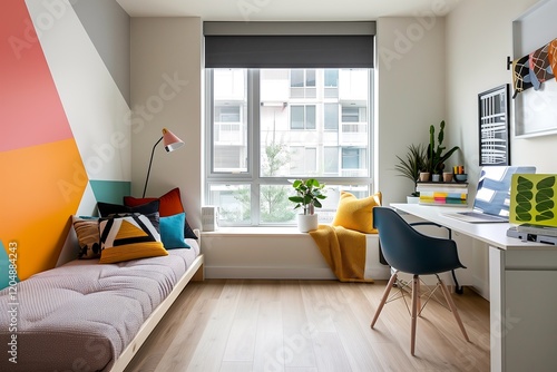 A vibrant studio apartment interior design featuring bold accent walls, colorful cushions, and a compact workspace near a large window for natural light.