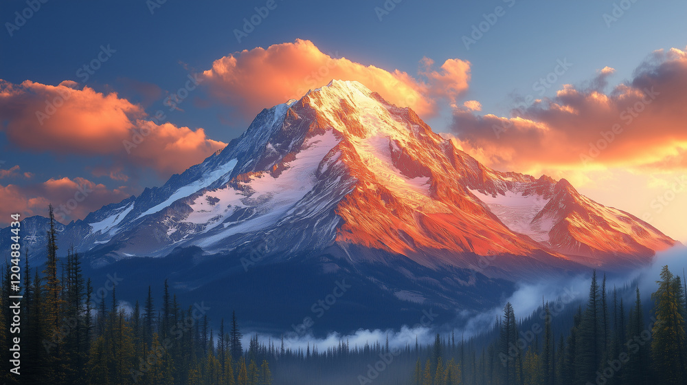 Obraz premium A snowy mountain peak at sunset