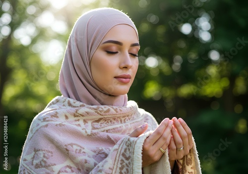 Hijabi Muslim woman doing prayers in a park photo